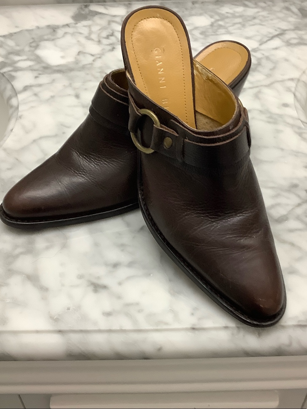 Gianni Bini Dark Brown Leather Slip-On Mules with Buckle Detail 8